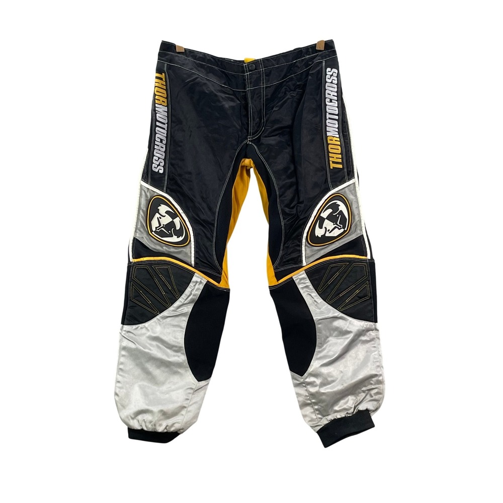Vintage Thor Motocross Pants Mens 34 Black Yellow MX Racing Gear Padded Riding
